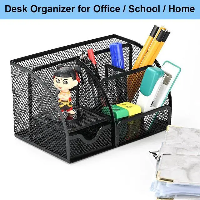 Alt view image 7 of 7 - Desk Organizer Stationery Storage, Pencil Holder for Desk, Wire Mesh Office Supplies Journals Notebooks Organizers with 7 Compartments and Mini Drawer (Black)