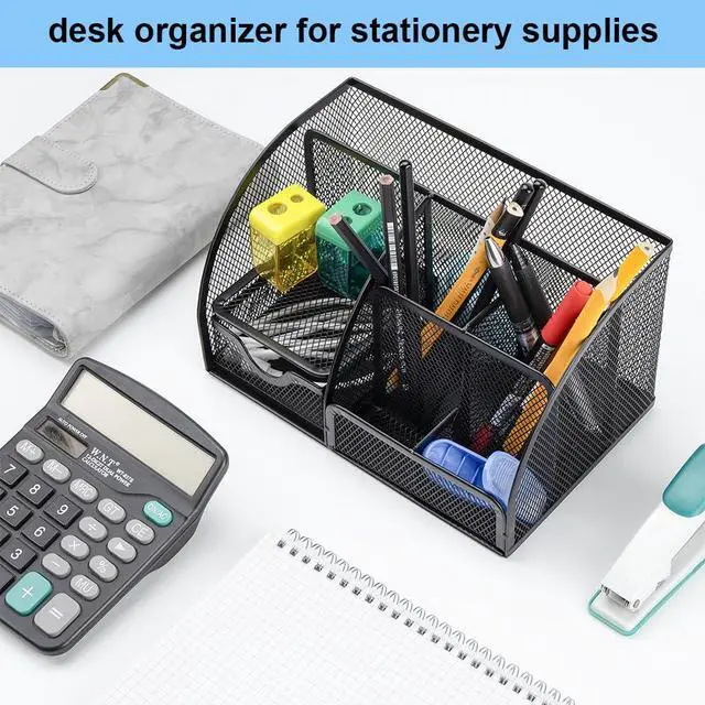 Alt view image 5 of 7 - Desk Organizer Stationery Storage, Pencil Holder for Desk, Wire Mesh Office Supplies Journals Notebooks Organizers with 7 Compartments and Mini Drawer (Black)
