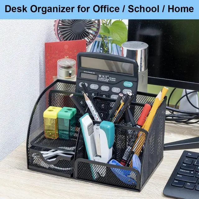 Alt view image 6 of 7 - Desk Organizer Stationery Storage, Pencil Holder for Desk, Wire Mesh Office Supplies Journals Notebooks Organizers with 7 Compartments and Mini Drawer (Black)