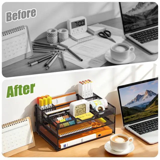Alt view image 4 of 6 - 3 Tier Desk Orgnizers and Accessories, Metal Magazine File Holder with Pencil Holder and Handles, Space Saving Desk File Trays for School Office Supplies(Black)