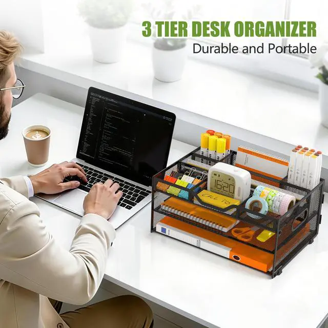 Alt view image 5 of 6 - 3 Tier Desk Orgnizers and Accessories, Metal Magazine File Holder with Pencil Holder and Handles, Space Saving Desk File Trays for School Office Supplies(Black)