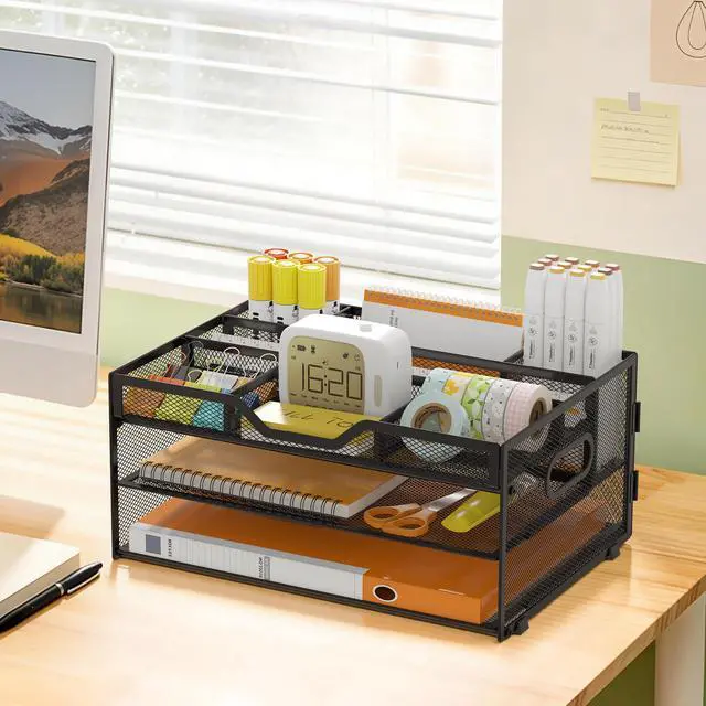 Alt view image 6 of 6 - 3 Tier Desk Orgnizers and Accessories, Metal Magazine File Holder with Pencil Holder and Handles, Space Saving Desk File Trays for School Office Supplies(Black)