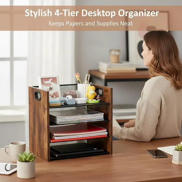 Alt view image 4 of 7 - Desk Organizer, 4 Tier Desktop File Organizer and Paper Tray Organizer, Office Desk Accessories for Mail, Documents, Papers, Notebooks and Home Office Storage