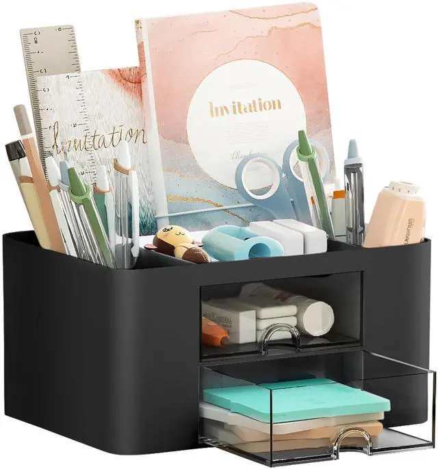 Main image of Pen Organizer with 2 Drawer, Multi-Functional Pencil Holder for Desk, Desk Organizers and Accessories with 5 Compartments + Drawer for Office Art Supplies (Black)