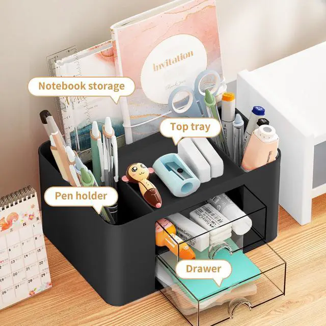 Alt view image 2 of 7 - Pen Organizer with 2 Drawer, Multi-Functional Pencil Holder for Desk, Desk Organizers and Accessories with 5 Compartments + Drawer for Office Art Supplies (Black)