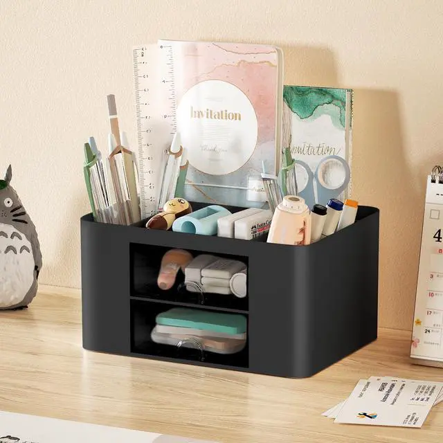 Alt view image 3 of 7 - Pen Organizer with 2 Drawer, Multi-Functional Pencil Holder for Desk, Desk Organizers and Accessories with 5 Compartments + Drawer for Office Art Supplies (Black)