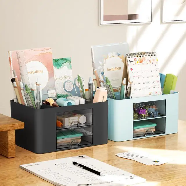 Alt view image 5 of 7 - Pen Organizer with 2 Drawer, Multi-Functional Pencil Holder for Desk, Desk Organizers and Accessories with 5 Compartments + Drawer for Office Art Supplies (Black)
