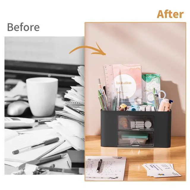 Alt view image 7 of 7 - Pen Organizer with 2 Drawer, Multi-Functional Pencil Holder for Desk, Desk Organizers and Accessories with 5 Compartments + Drawer for Office Art Supplies (Black)