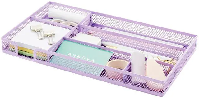 Main image of Desk Drawer Organizer/Storage Tray - Metal Mesh with Dividers for Pens, Desktop Accessories, Bathroom, Kitchen, Makeup and Office Supplies (Small, Light Purple)