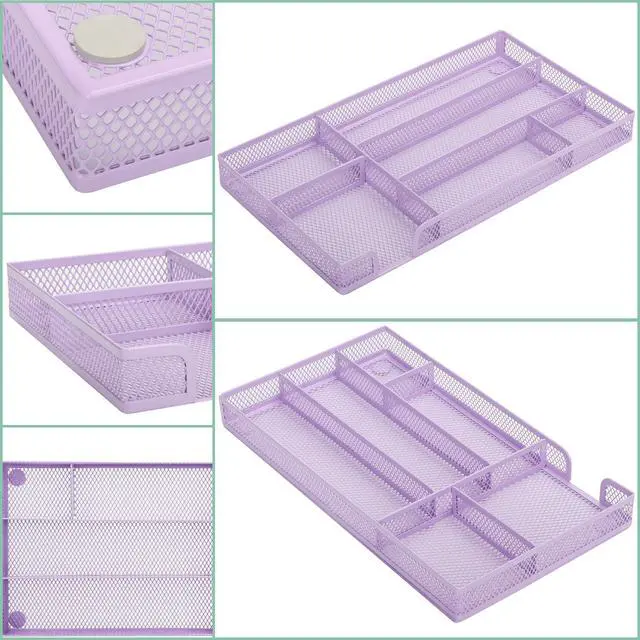 Alt view image 2 of 7 - Desk Drawer Organizer/Storage Tray - Metal Mesh with Dividers for Pens, Desktop Accessories, Bathroom, Kitchen, Makeup and Office Supplies (Small, Light Purple)