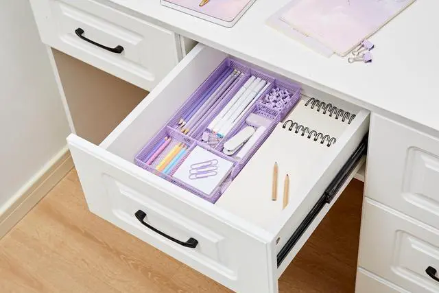 Alt view image 4 of 7 - Desk Drawer Organizer/Storage Tray - Metal Mesh with Dividers for Pens, Desktop Accessories, Bathroom, Kitchen, Makeup and Office Supplies (Small, Light Purple)