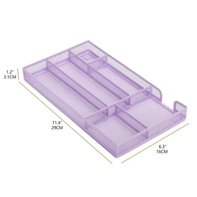 Alt view image 3 of 7 - Desk Drawer Organizer/Storage Tray - Metal Mesh with Dividers for Pens, Desktop Accessories, Bathroom, Kitchen, Makeup and Office Supplies (Small, Light Purple)