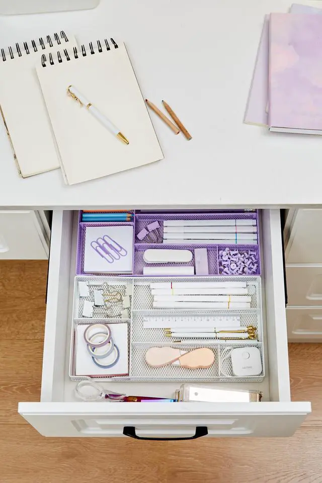 Alt view image 5 of 7 - Desk Drawer Organizer/Storage Tray - Metal Mesh with Dividers for Pens, Desktop Accessories, Bathroom, Kitchen, Makeup and Office Supplies (Small, Light Purple)