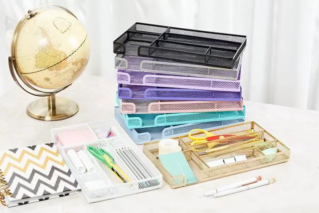 Alt view image 7 of 7 - Desk Drawer Organizer/Storage Tray - Metal Mesh with Dividers for Pens, Desktop Accessories, Bathroom, Kitchen, Makeup and Office Supplies (Small, Light Purple)