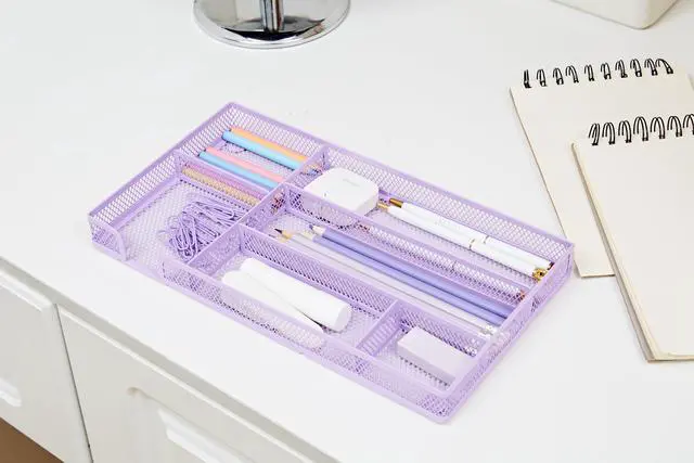 Alt view image 6 of 7 - Desk Drawer Organizer/Storage Tray - Metal Mesh with Dividers for Pens, Desktop Accessories, Bathroom, Kitchen, Makeup and Office Supplies (Small, Light Purple)