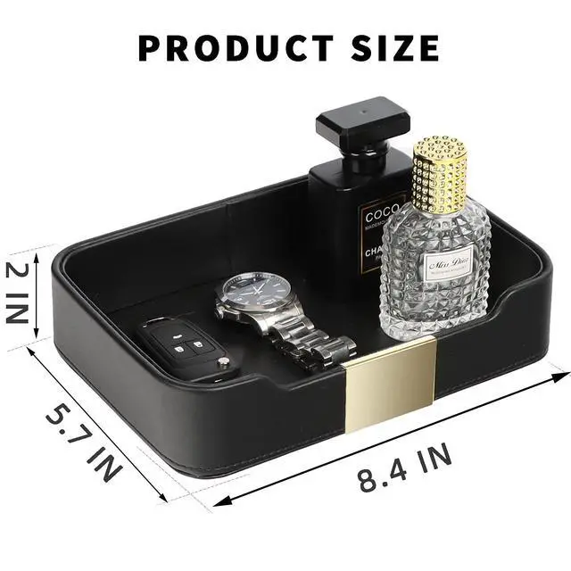 Alt view image 3 of 6 - Luxury Leather Tray Organizer Valet Tray Key Tray for Entryway Table Desktop Storage Catchall Tray Decorative Tray for Jewelry Keys Wallet Phone Watch (Metal Gilded, Black)