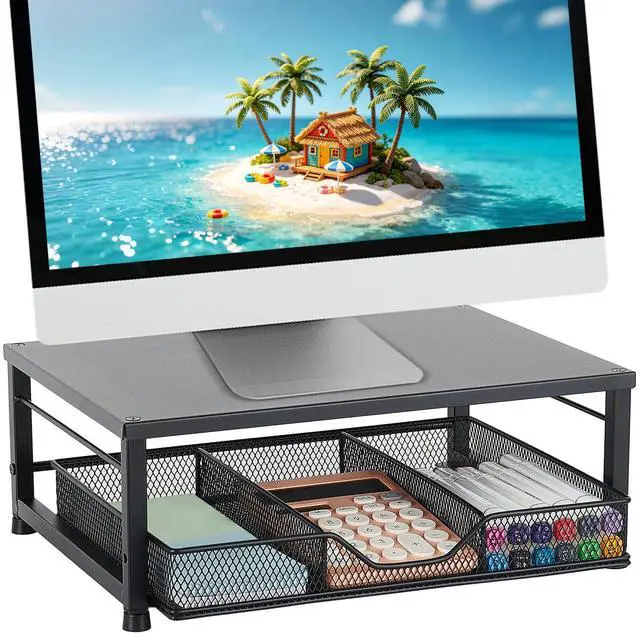 Main image of Small Laptop Stand for Desk, Monitor Stand Riser, Desk Organizer for Office Organization, Office Desk Accessories, Computer Desktop Stand with Drawer for Home, Office, School (Black)