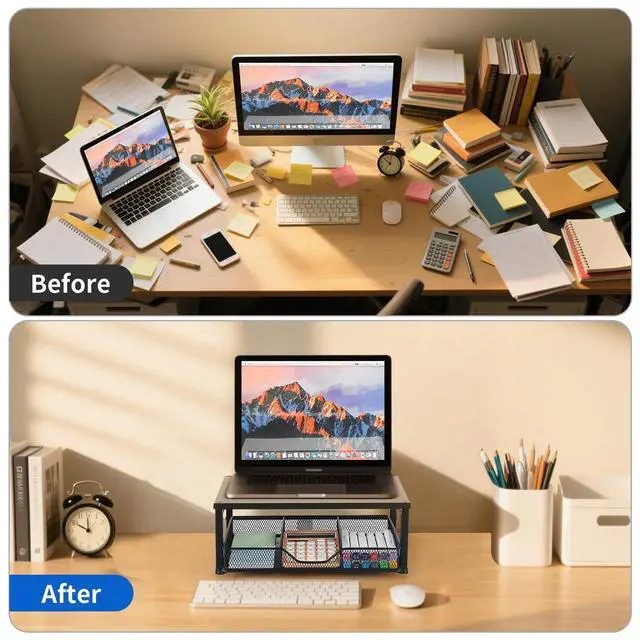 Alt view image 5 of 6 - Small Laptop Stand for Desk, Monitor Stand Riser, Desk Organizer for Office Organization, Office Desk Accessories, Computer Desktop Stand with Drawer for Home, Office, School (Black)
