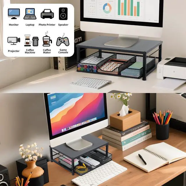 Alt view image 3 of 6 - Small Laptop Stand for Desk, Monitor Stand Riser, Desk Organizer for Office Organization, Office Desk Accessories, Computer Desktop Stand with Drawer for Home, Office, School (Black)