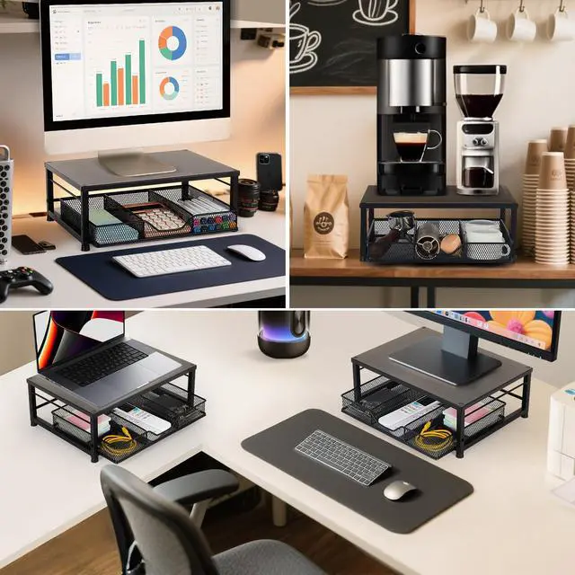 Alt view image 4 of 6 - Small Laptop Stand for Desk, Monitor Stand Riser, Desk Organizer for Office Organization, Office Desk Accessories, Computer Desktop Stand with Drawer for Home, Office, School (Black)