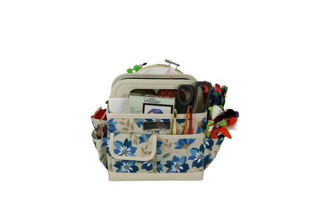Alt view image 2 of 7 - Desktop Tote Organizer Tan Floral Craft Bag Portable Storage for Art Supplies, Sewing, Scrapbooking, DIY Tools & Creative Project Organization