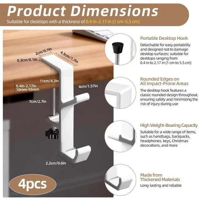 Alt view image 2 of 7 - Desk Mount Bag Holder Hook Clamp,On Backpack Hanger Portable Desk Mount Headphones Holder for Reduce Desk Clutter Table Desk Table Hanging Storage (4 Pcs-Double Hook White)