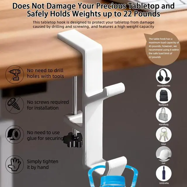 Alt view image 4 of 7 - Desk Mount Bag Holder Hook Clamp,On Backpack Hanger Portable Desk Mount Headphones Holder for Reduce Desk Clutter Table Desk Table Hanging Storage (4 Pcs-Double Hook White)
