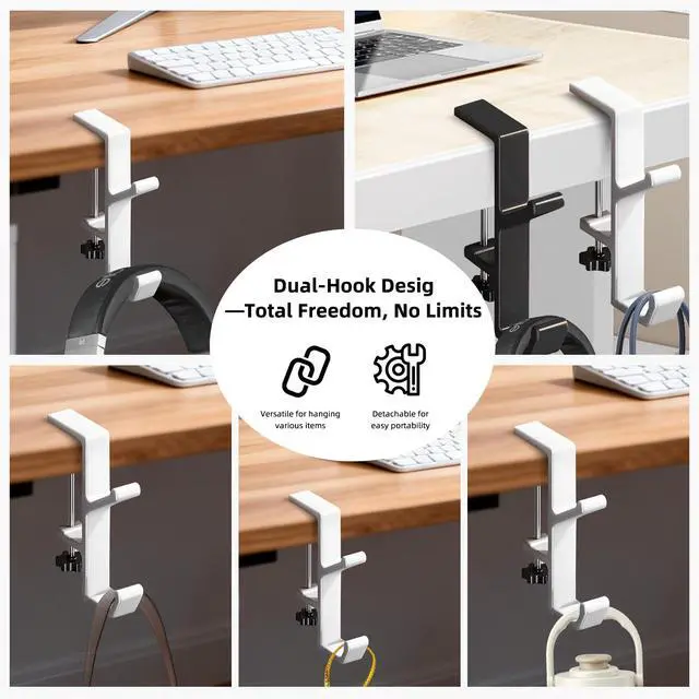 Alt view image 5 of 7 - Desk Mount Bag Holder Hook Clamp,On Backpack Hanger Portable Desk Mount Headphones Holder for Reduce Desk Clutter Table Desk Table Hanging Storage (4 Pcs-Double Hook White)