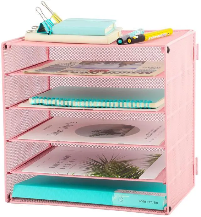 Main image of 5 Slot Mesh Desk Organizer Tray, File Paper Letter Folder Holder Desktop Paper Sorter Mail Organization Rack Storage Accessories, for Office Home School Classroom, Pink