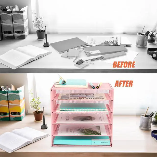 Alt view image 3 of 6 - 5 Slot Mesh Desk Organizer Tray, File Paper Letter Folder Holder Desktop Paper Sorter Mail Organization Rack Storage Accessories, for Office Home School Classroom, Pink
