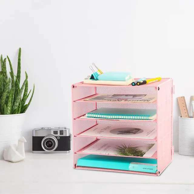 Alt view image 5 of 6 - 5 Slot Mesh Desk Organizer Tray, File Paper Letter Folder Holder Desktop Paper Sorter Mail Organization Rack Storage Accessories, for Office Home School Classroom, Pink