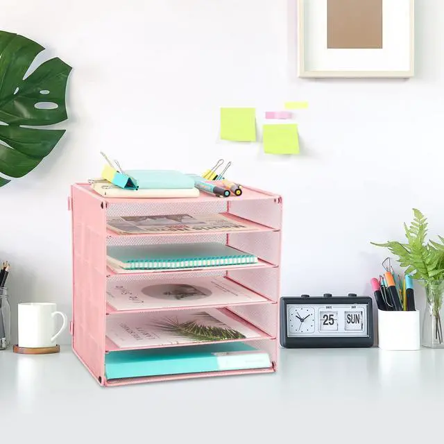 Alt view image 6 of 6 - 5 Slot Mesh Desk Organizer Tray, File Paper Letter Folder Holder Desktop Paper Sorter Mail Organization Rack Storage Accessories, for Office Home School Classroom, Pink