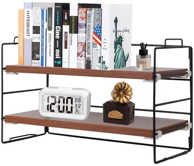 Main image of Desk Shelf Organizer, 2 Tier Desktop Shelves, Adjustable Bookshelf Storage Rack and Office Cubicle Decor for Tabletop, School, Office, Dorm Organization (Black Frame + Wood Board)