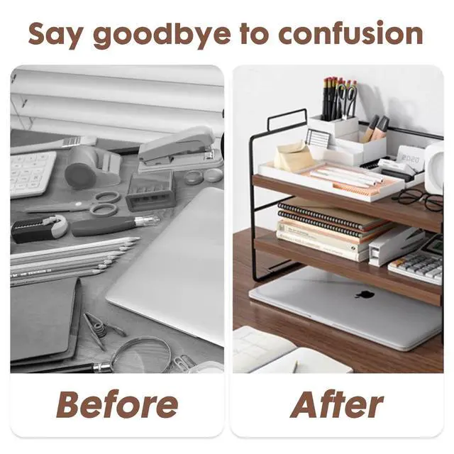 Alt view image 3 of 7 - Desk Shelf Organizer, 2 Tier Desktop Shelves, Adjustable Bookshelf Storage Rack and Office Cubicle Decor for Tabletop, School, Office, Dorm Organization (Black Frame + Wood Board)