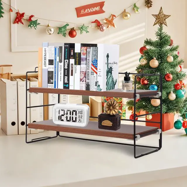 Alt view image 2 of 7 - Desk Shelf Organizer, 2 Tier Desktop Shelves, Adjustable Bookshelf Storage Rack and Office Cubicle Decor for Tabletop, School, Office, Dorm Organization (Black Frame + Wood Board)