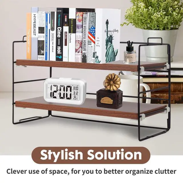 Alt view image 5 of 7 - Desk Shelf Organizer, 2 Tier Desktop Shelves, Adjustable Bookshelf Storage Rack and Office Cubicle Decor for Tabletop, School, Office, Dorm Organization (Black Frame + Wood Board)