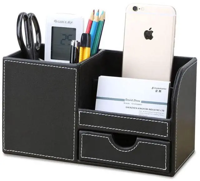 Main image of Desk Organizer Office Supplies Caddy Pu Leather Multi-function Storage Box Pen/Pencil,Cell phone, Business Name Cards Remote Control Holder with Small Drawer Black