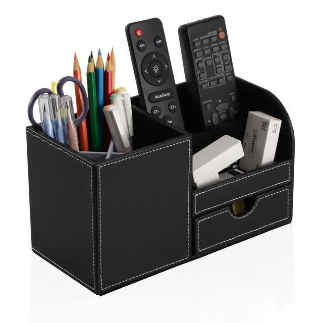 Alt view image 4 of 7 - Desk Organizer Office Supplies Caddy Pu Leather Multi-function Storage Box Pen/Pencil,Cell phone, Business Name Cards Remote Control Holder with Small Drawer Black