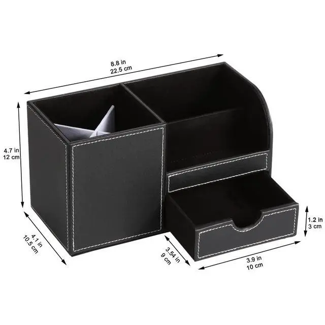 Alt view image 2 of 7 - Desk Organizer Office Supplies Caddy Pu Leather Multi-function Storage Box Pen/Pencil,Cell phone, Business Name Cards Remote Control Holder with Small Drawer Black