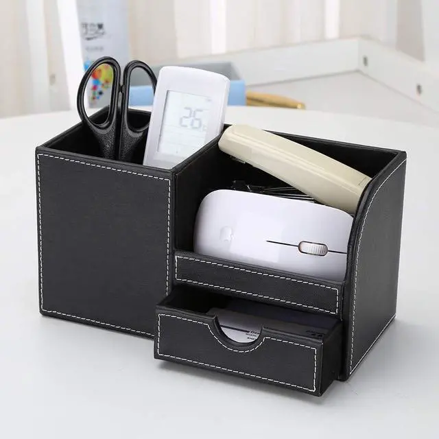 Alt view image 5 of 7 - Desk Organizer Office Supplies Caddy Pu Leather Multi-function Storage Box Pen/Pencil,Cell phone, Business Name Cards Remote Control Holder with Small Drawer Black