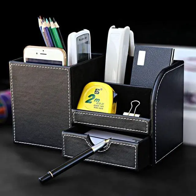 Alt view image 6 of 7 - Desk Organizer Office Supplies Caddy Pu Leather Multi-function Storage Box Pen/Pencil,Cell phone, Business Name Cards Remote Control Holder with Small Drawer Black