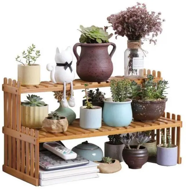 Main image of 10.8" 2 Tiers Bamboo Plant Stand Shelf,Desk Flower Pot Holder,Adjustable Desktop Shelf Display Organizer Ladder Rack for Office Decorate Desk Shelving Storage Rack,Kitchen Rack (10.8" Length)