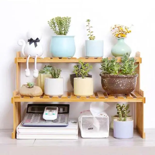 Alt view image 2 of 6 - 10.8" 2 Tiers Bamboo Plant Stand Shelf,Desk Flower Pot Holder,Adjustable Desktop Shelf Display Organizer Ladder Rack for Office Decorate Desk Shelving Storage Rack,Kitchen Rack (10.8" Length)