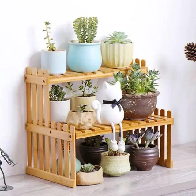 Alt view image 5 of 6 - 10.8" 2 Tiers Bamboo Plant Stand Shelf,Desk Flower Pot Holder,Adjustable Desktop Shelf Display Organizer Ladder Rack for Office Decorate Desk Shelving Storage Rack,Kitchen Rack (10.8" Length)