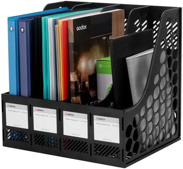 Main image of Magazine File Holder Rack/Vertical Desktop File Organizer - Plastic Desk Organizer for Files, Folders, Books - 4 Compartment Binder Organizer - Black