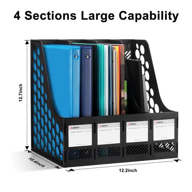Alt view image 2 of 6 - Magazine File Holder Rack/Vertical Desktop File Organizer - Plastic Desk Organizer for Files, Folders, Books - 4 Compartment Binder Organizer - Black