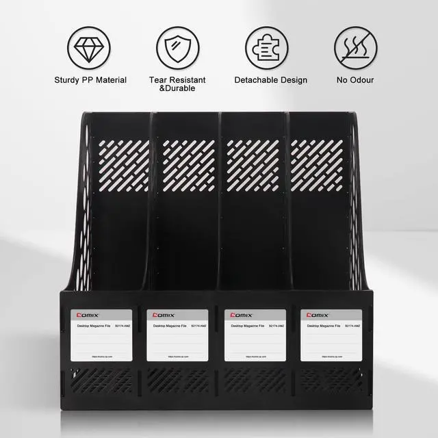 Alt view image 4 of 6 - Magazine File Holder Rack/Vertical Desktop File Organizer - Plastic Desk Organizer for Files, Folders, Books - 4 Compartment Binder Organizer - Black