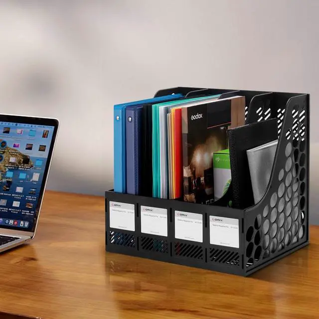 Alt view image 5 of 6 - Magazine File Holder Rack/Vertical Desktop File Organizer - Plastic Desk Organizer for Files, Folders, Books - 4 Compartment Binder Organizer - Black