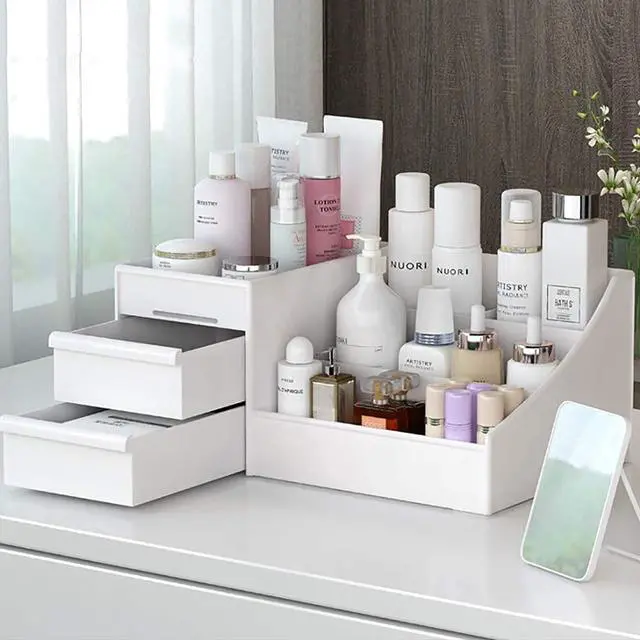 Main image of Large Makeup Capacity Cosmetic Storage Box Skin Care Organizer Jewelry,Makeup, Brushes, Lipsticks, Nail Polish Container,Desktop Dresser Sundries Storage Box (White)