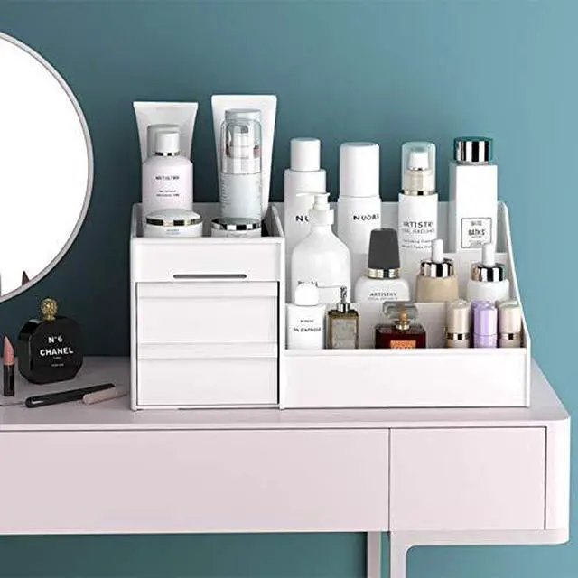 Alt view image 3 of 6 - Large Makeup Capacity Cosmetic Storage Box Skin Care Organizer Jewelry,Makeup, Brushes, Lipsticks, Nail Polish Container,Desktop Dresser Sundries Storage Box (White)